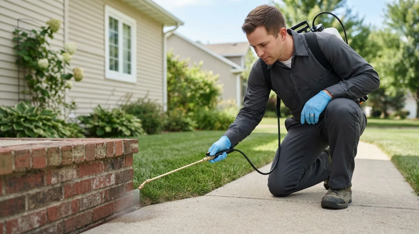 Pest control technician treating a home near Guerra, TX