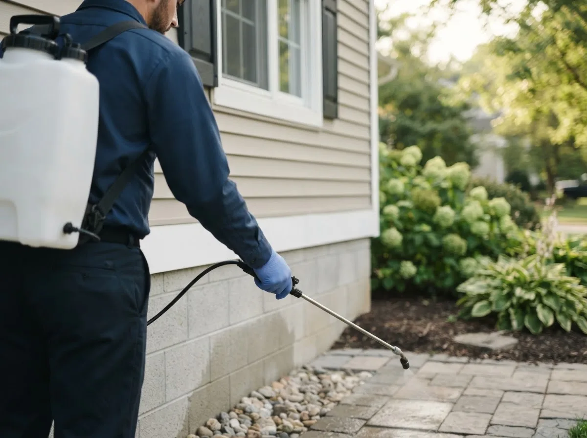 Pest control technician inspecting a home in Guerra, TX